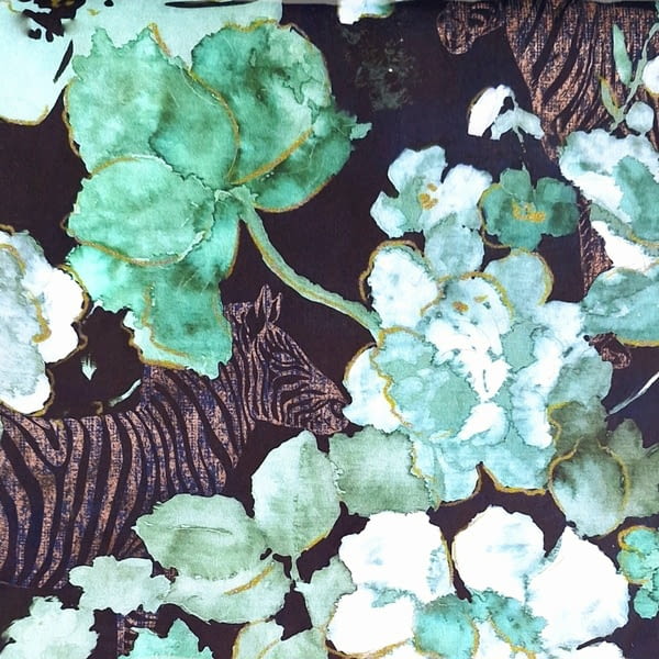 Tela tapicería terciopelo cebras verde Jawa