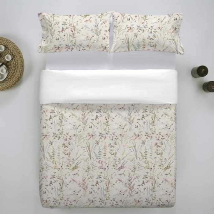 Fundas nórdicas beige de percal flores. Cama 180