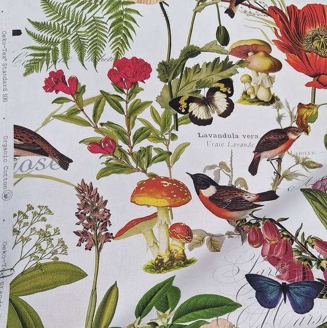 Tela half panamá pájaros y setas - 4