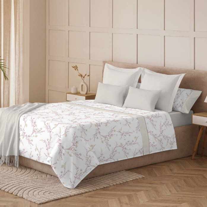 Juego de sábanas beige flores rosas. Cama 150/2 - 2