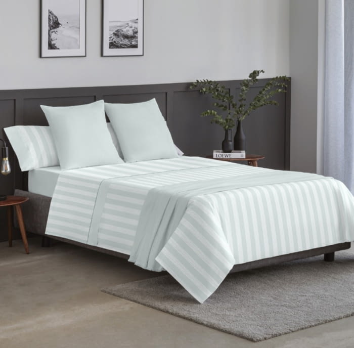 Juego de sábanas rayas espigas verde menta. Cama 150 - 1