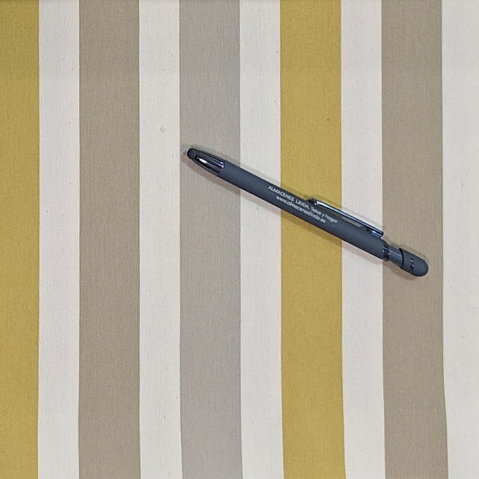 Tela tapicería Quebec rayas gris, beige y amarillas - 2