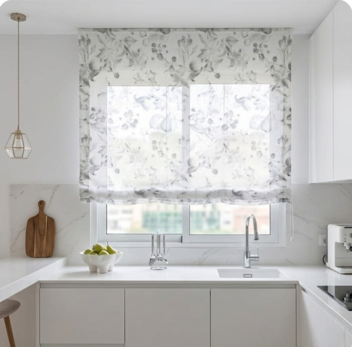 Tela de visillo de cocina blanco y gris - 3