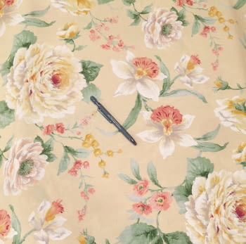 Tela loneta beige flores verde y rosa - 2