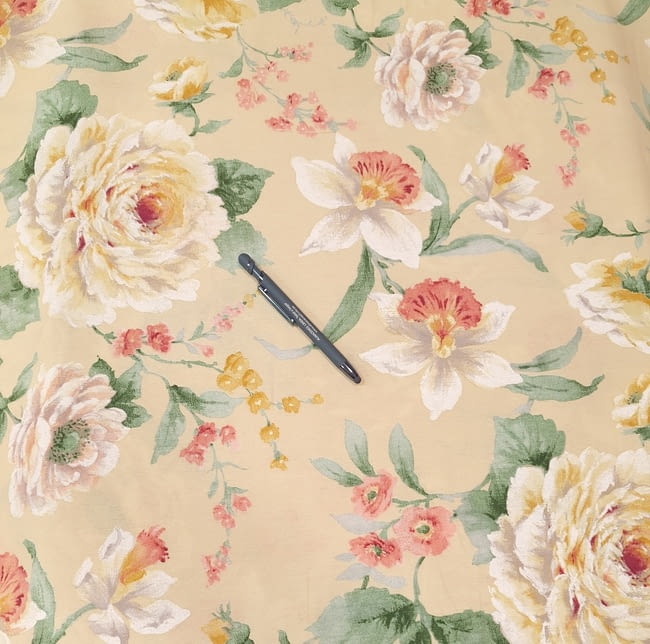 Tela loneta beige flores verde y rosa - 2