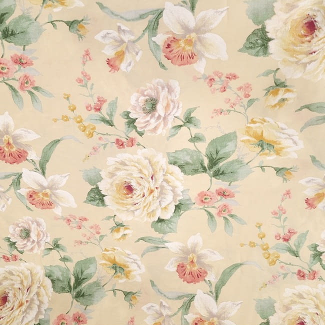 Tela loneta beige flores verde y rosa - 3