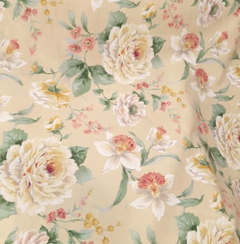 Tela loneta beige flores verde y rosa - 5