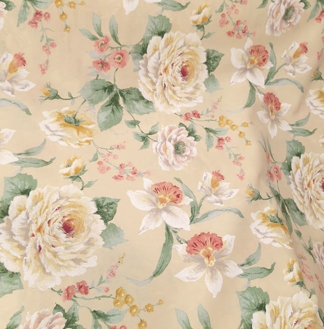 Tela loneta beige flores verde y rosa - 5