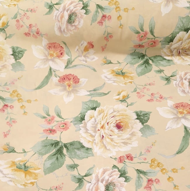 Tela loneta beige flores verde y rosa - 6