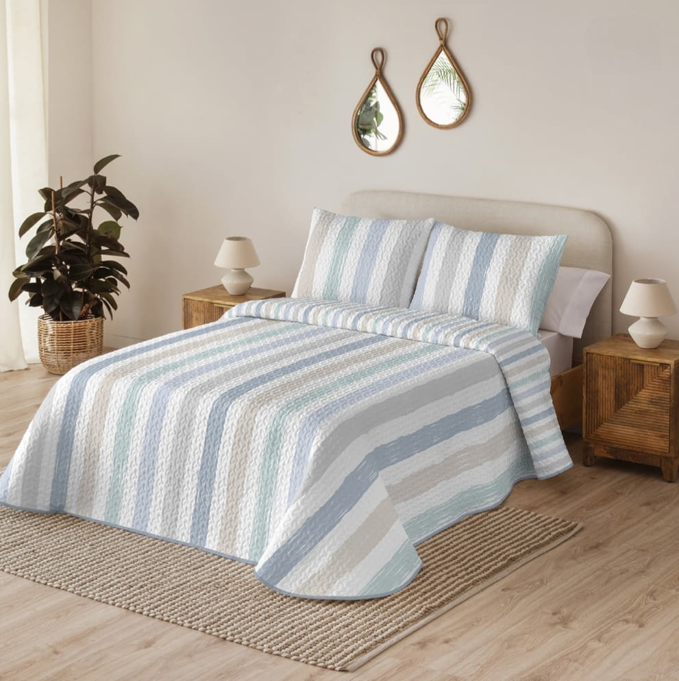 Colcha boutie reversible rayas azules