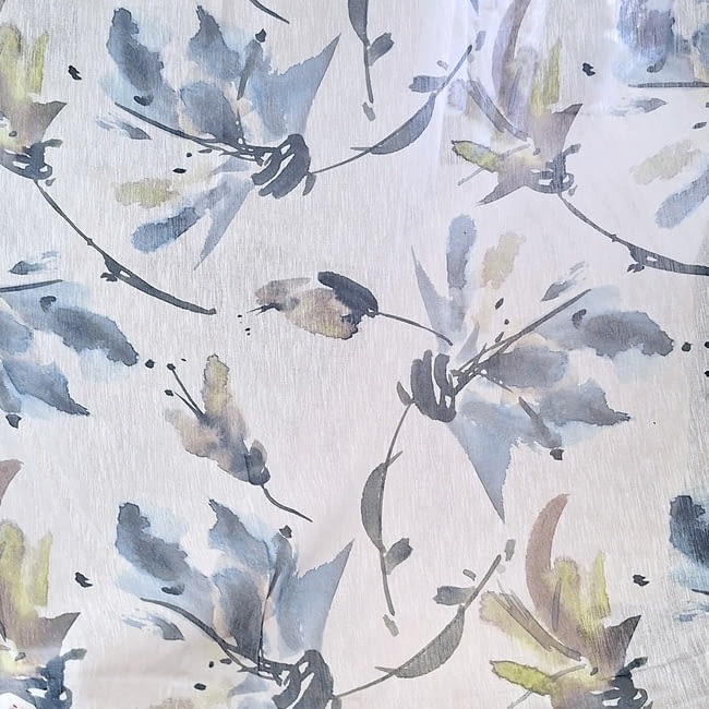 Tela visillo flores acuarela azul