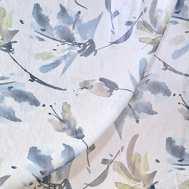 Tela visillo flores acuarela azul - 1