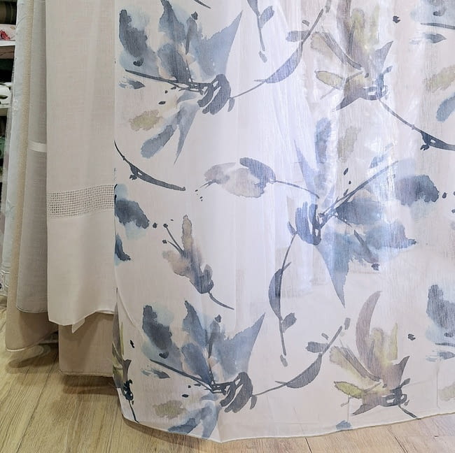 Tela visillo flores acuarela azul - 3