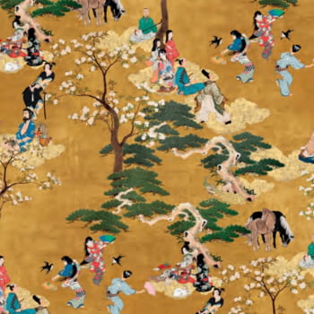 Tela half panamá amarillo mostaza paisaje Japonés