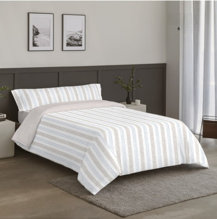 Juego funda nórdica beige reversible rayita azul - 1