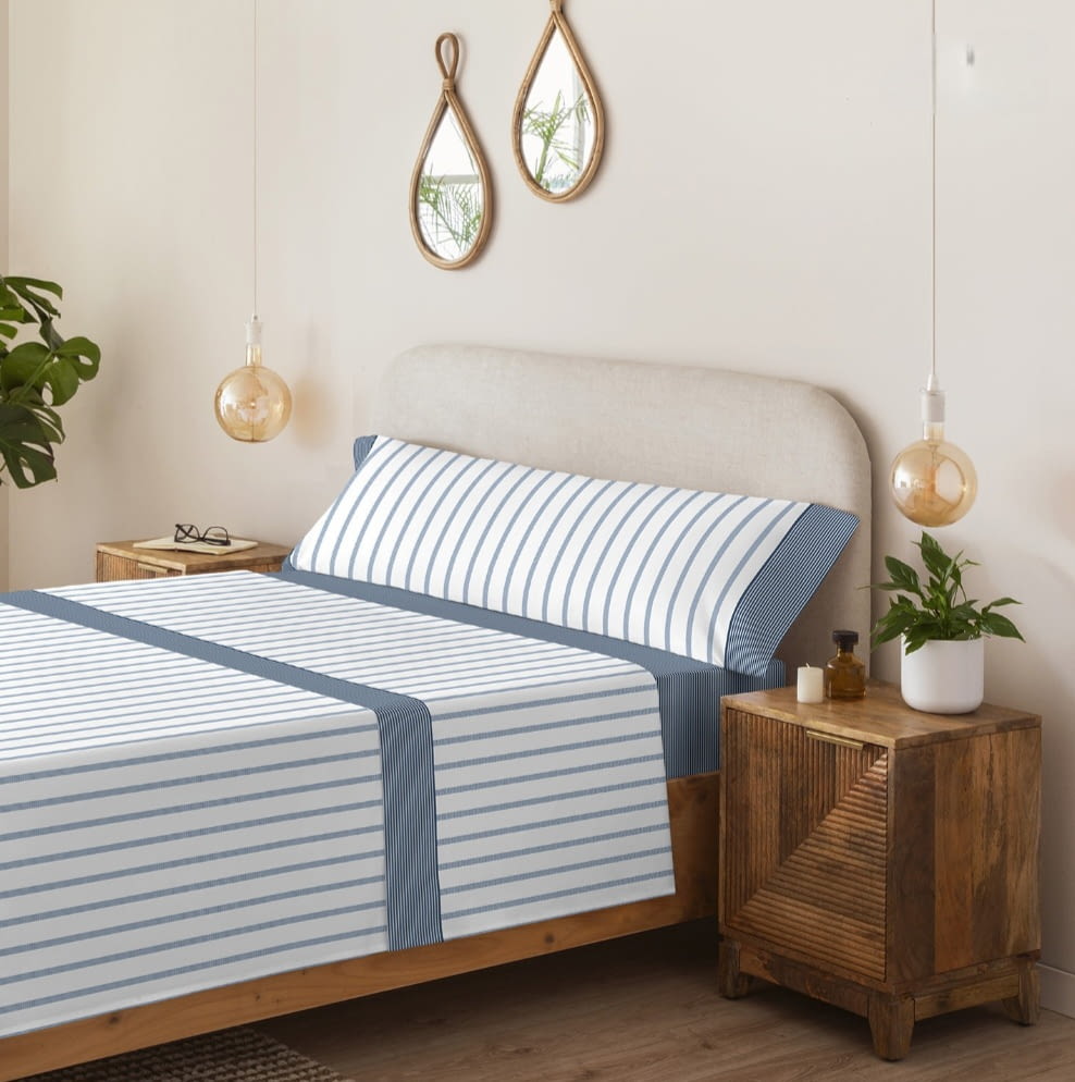 Juego de sábanas 100% algodón rayitas azules