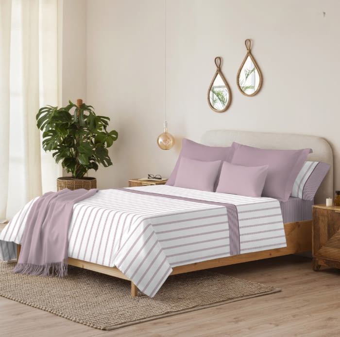 Juego de sábanas 100% algodón rayitas burdeos - 2