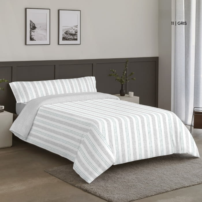 Juego funda nórdica gris reversible rayas verdes - 1