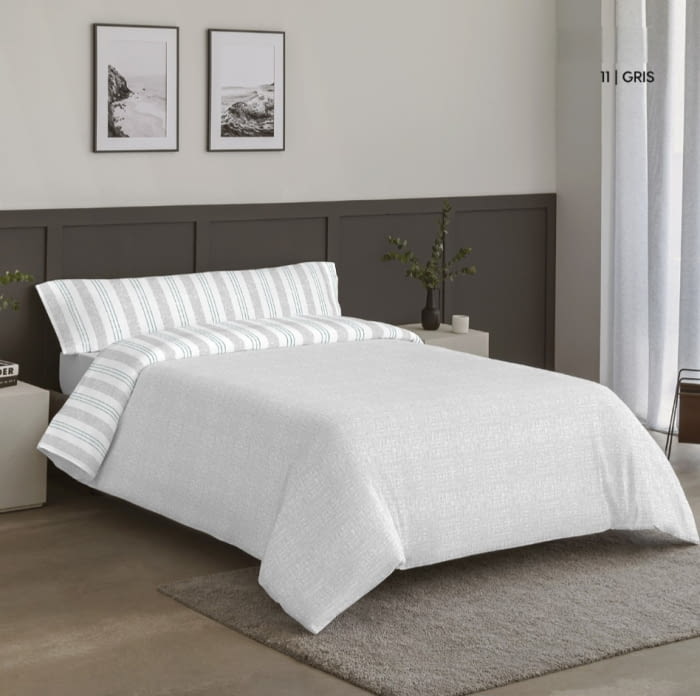 Juego funda nórdica gris reversible rayas verdes - 2