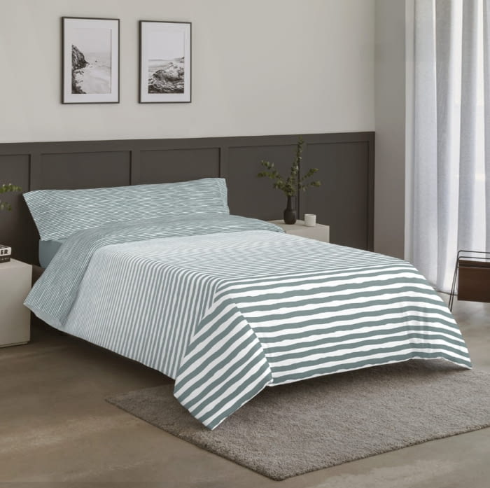 Juego funda nórdica reversible rayas verde eucalipto - 1