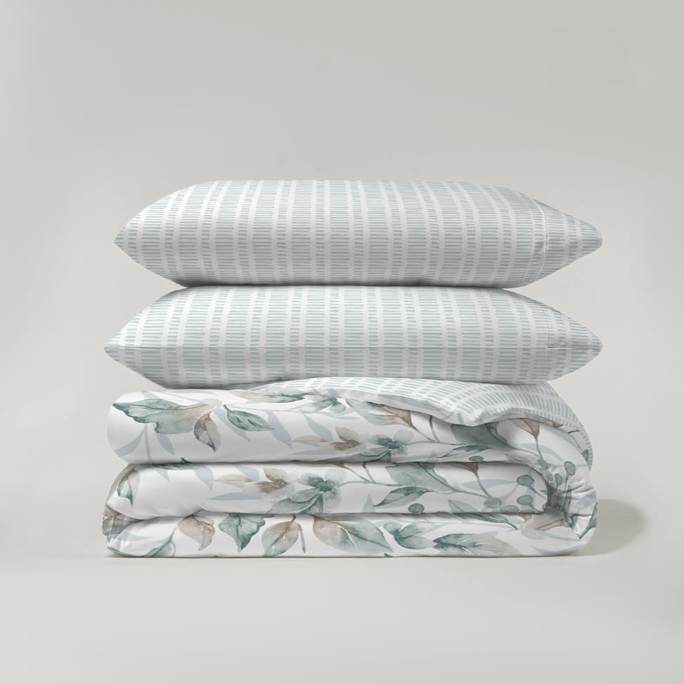 Juego funda nórdica reversible hojas y rayas verde