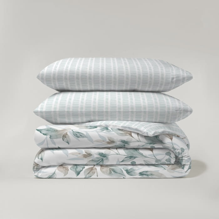 Juego funda nórdica reversible hojas y rayas verde