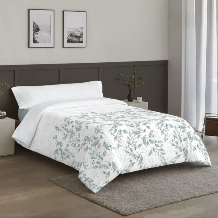 Juego funda nórdica reversible hojas y rayas verde - 1