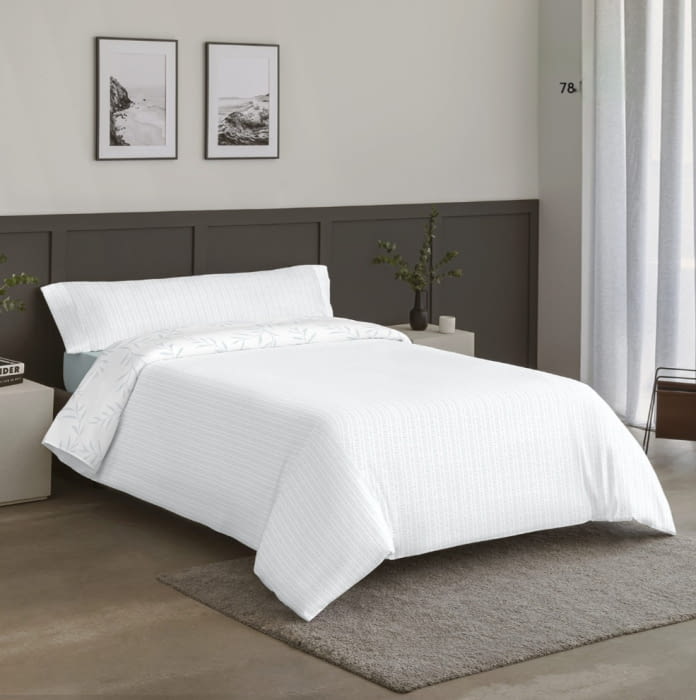 Juego funda nórdica reversible hojas y rayas verde - 3