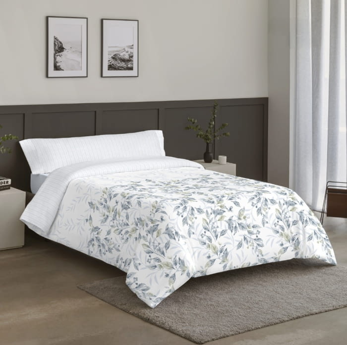 Juego funda nórdica reversible hojas y rayas azules - 1