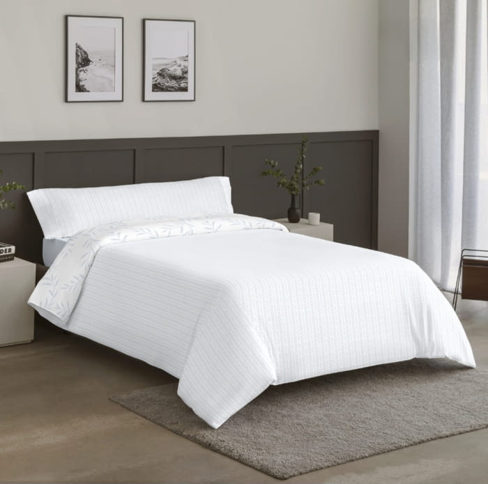 Juego funda nórdica reversible hojas y rayas azules - 3