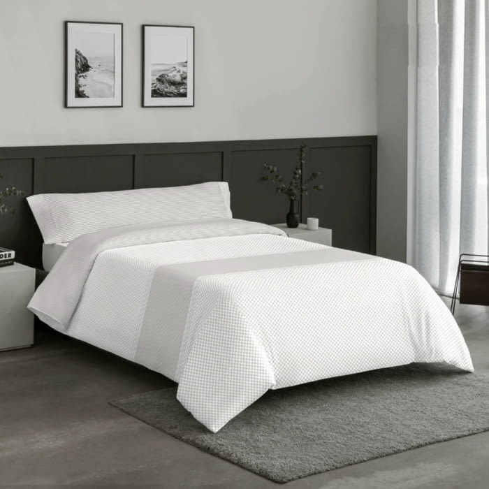 Juego funda nórdica reversible de cuadritos beige lino - 1