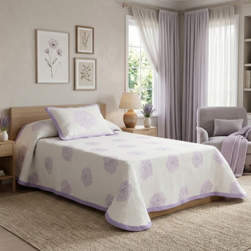 Colchas reversibles lila. Cama: 90 y