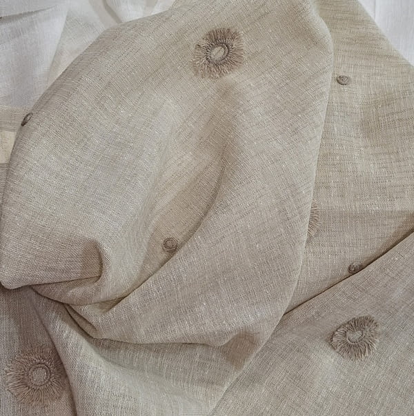 Tela visillo bordado pompones color beige lino - 1