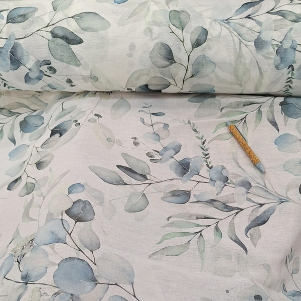 Tela visillo blanco hojas azuladas - 4