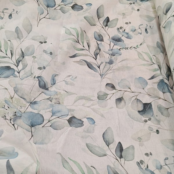 Tela visillo blanco hojas azuladas - 5