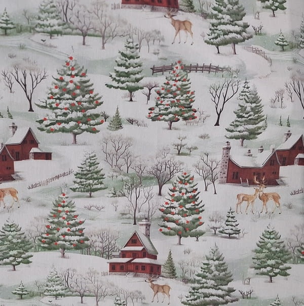 Tela resinada de Navidad con ciervos y casitas