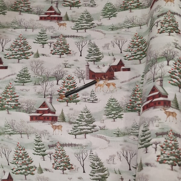 Tela resinada de Navidad con ciervos y casitas - 3