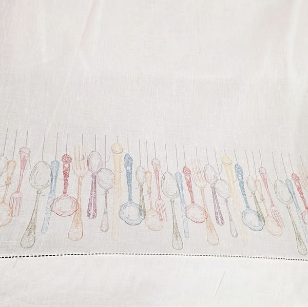 Tela visillo de cocina lino blanco con cubiertos