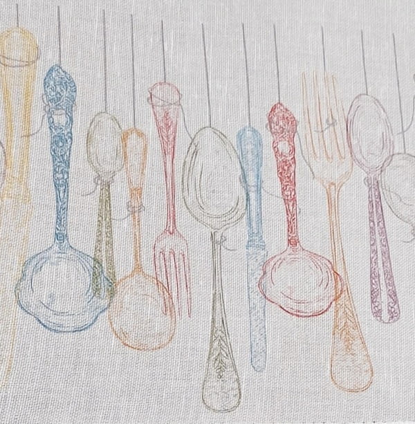 Tela visillo de cocina lino blanco con cubiertos - 1