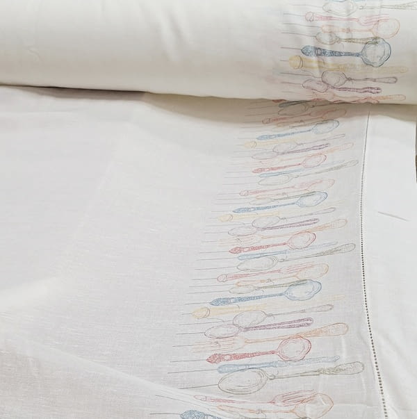 Tela visillo de cocina lino blanco con cubiertos - 1