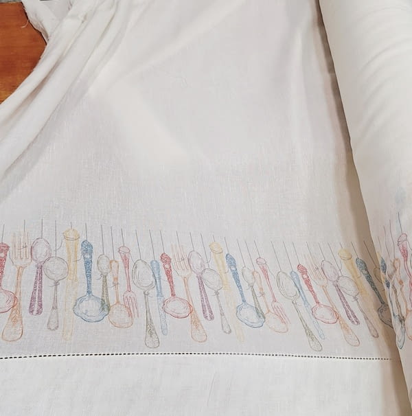 Tela visillo de cocina lino blanco con cubiertos - 2