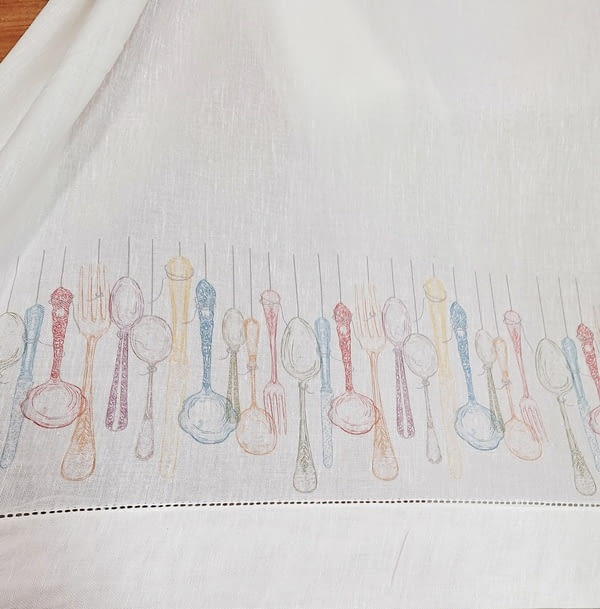 Tela visillo de cocina lino blanco con cubiertos - 4