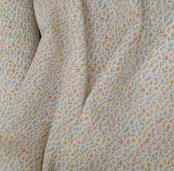 Tela visillo florecitas verde, amarillo,  rosa - 1