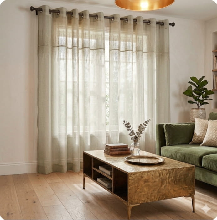Visillo beige verdoso brillantes y bordado oro