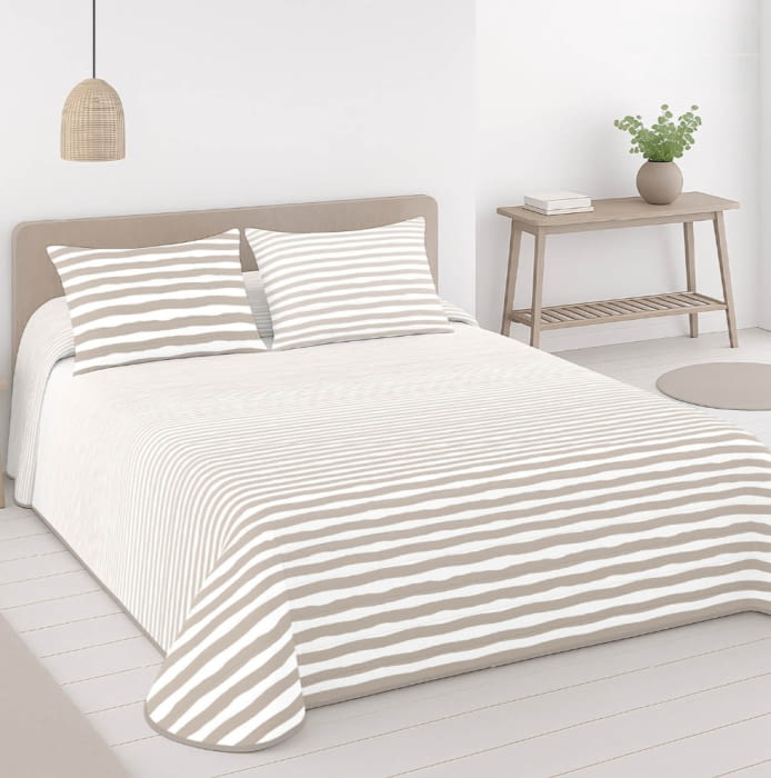 Colcha boutie reversible rayas y cuadros beige - 1