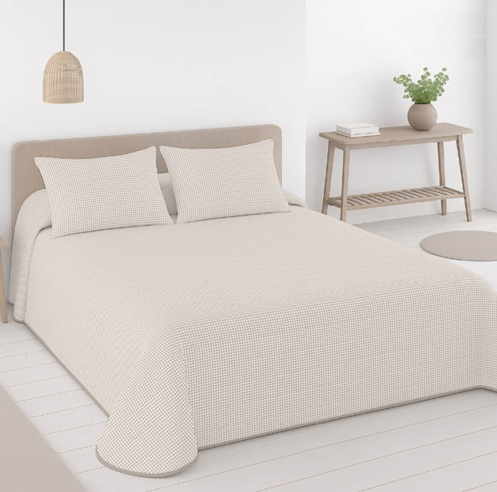 Colcha boutie reversible rayas y cuadros beige - 2