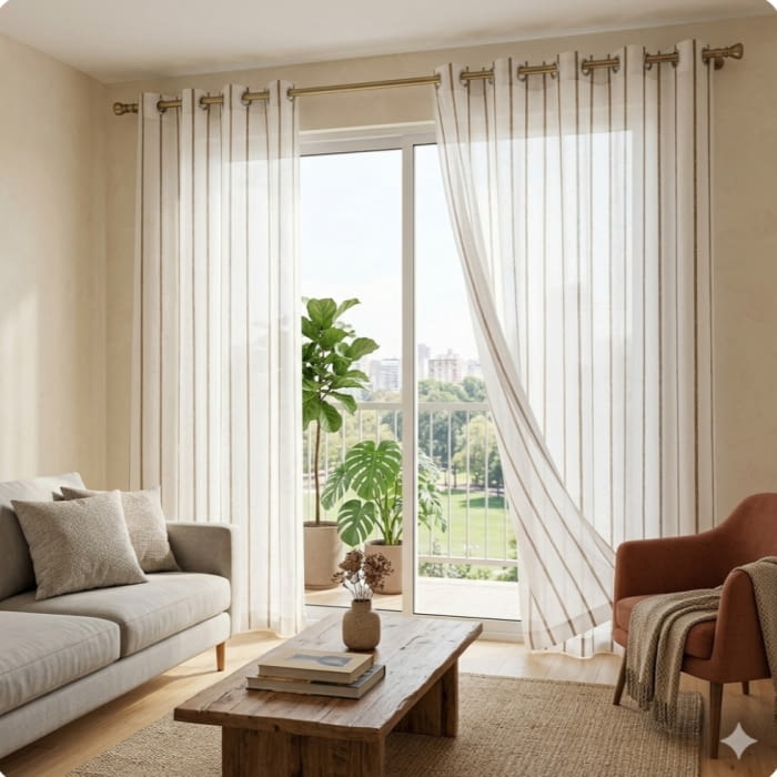 Visillo blanco rayitas marrones 140 x 260 cm - 1