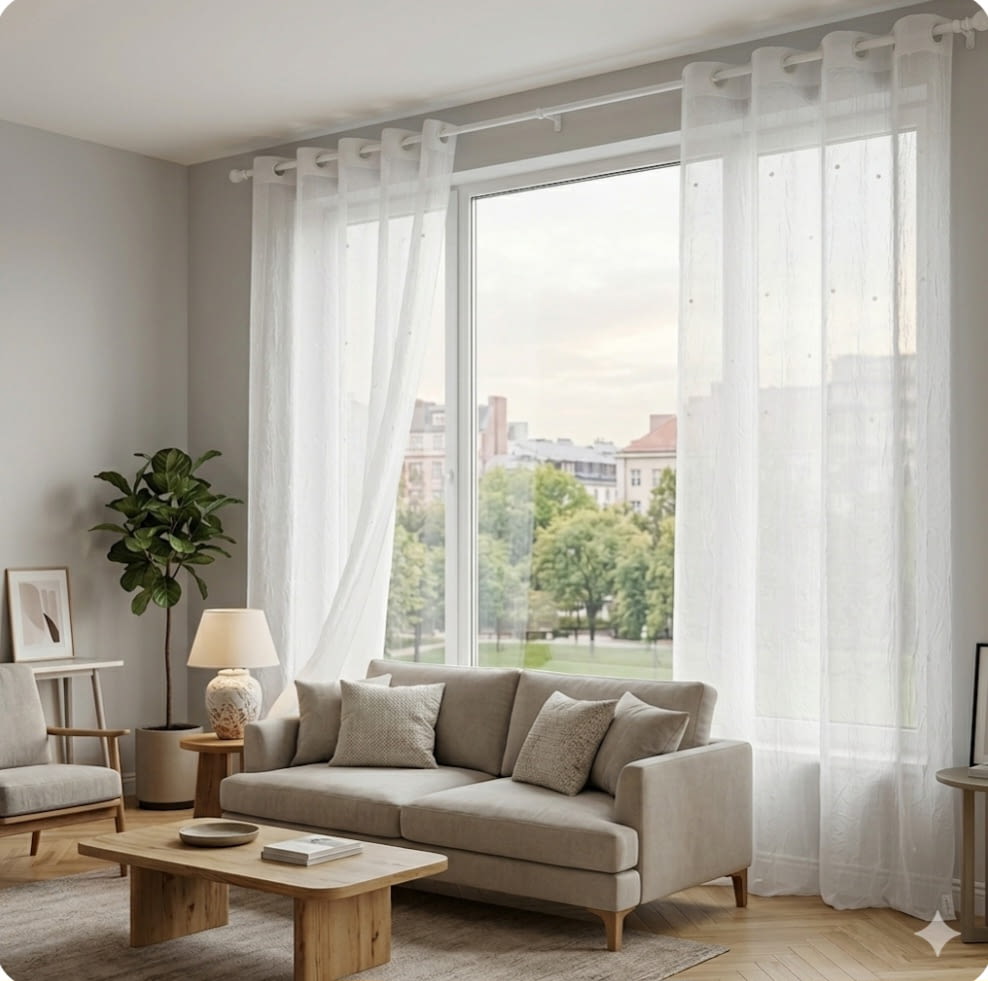 Visillo confeccionado blanco topos bordados 140 x 260