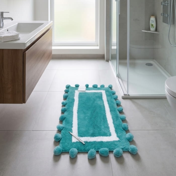 Alfombra de baño pompones turquesa