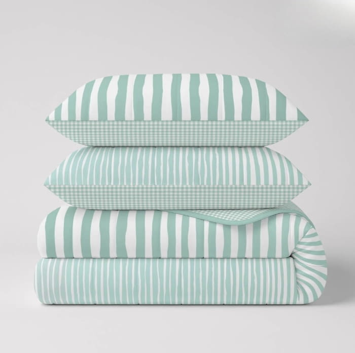 Colcha boutie reversible rayas y cuadros menta